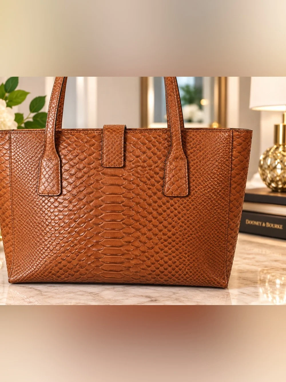 Dooney & Bourke Brown Python-Embossed Leather Tote with Gold Hardware